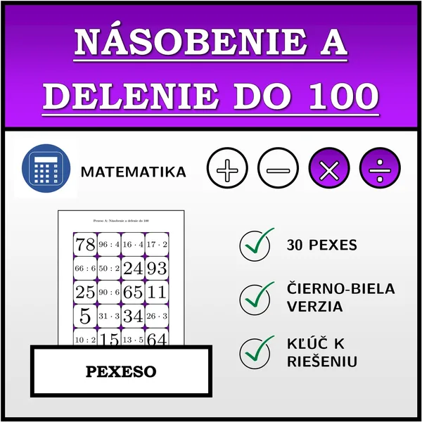 Pexeso - Násobenie a delenie do 100 | matematika