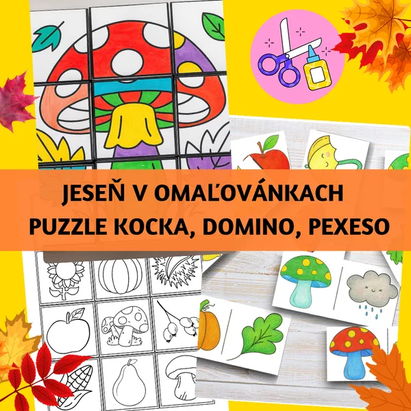 Jeseň v omaľovánkach – puzzle kocka, domino, pexeso