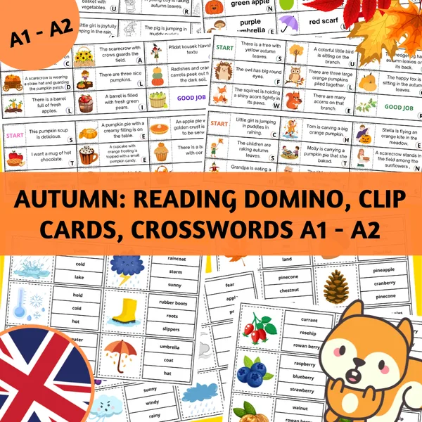 Autumn: Reading Domino, Clip Cards, CROSSWORDS A1 - A2