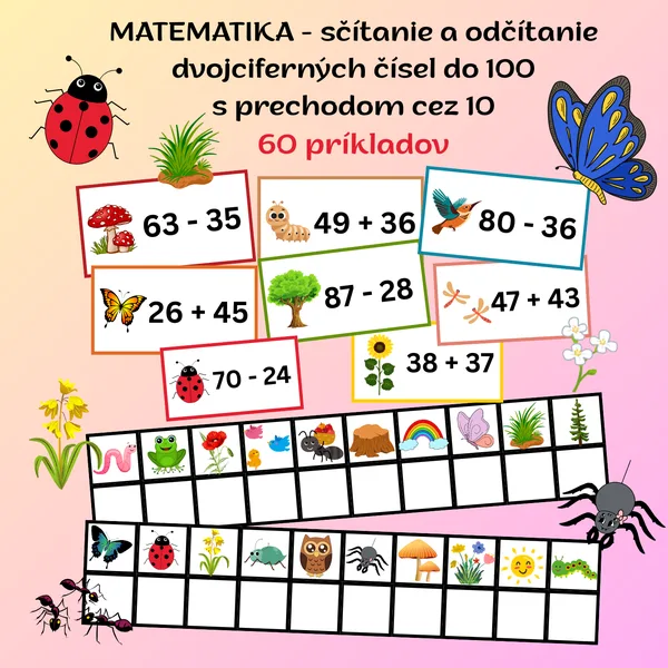 Matematické behacie príklady - sčítanie a odčítanie dvojciferných čísel do 100 s prechodom cez 10