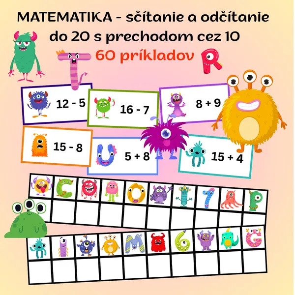 Matematické behacie príklady - sčítanie a odčítanie do 20 s prechodom cez 10