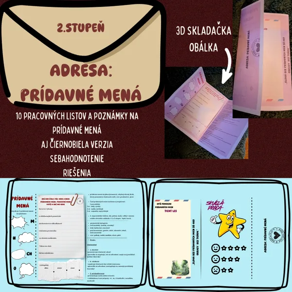 Adresa: prídavné mená / prídavné mená, skloňovanie, stupňovanie, brožúrka, obálka, 3Dskladačka, prehľad učiva