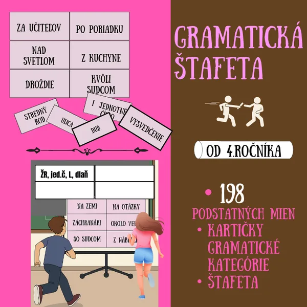 Gramatická štafeta - podstatné mená / štafeta, kartičky, zaraďovanie, gramatické kategórie 