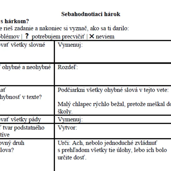 Sebahodnotiaci hárok - podstatné mená