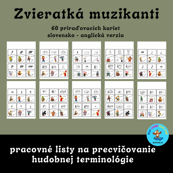 Zvieratká muzikanti- priraďovacie karty na precvičovanie hudobnej terminológie