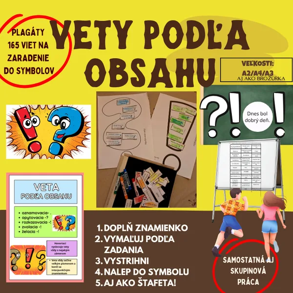Vety podľa obsahu/ delenie viet, interpunkčné znamienka, šifry, zaradenie viet, plagát, výzdoba, nástenka