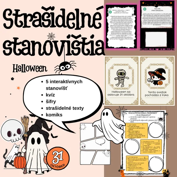 Strašidelné stanovištia/ Halloween, kvíz, hry, aktivity, doplňovačky, behačka, pátračka