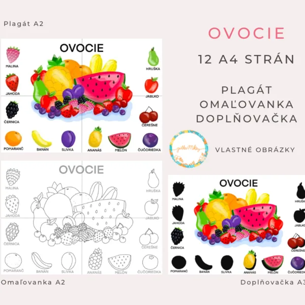 OVOCIE - plagát, omaľovanka, doplňovačka