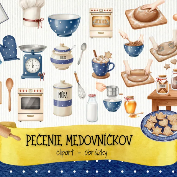 Vianočný ilustrácie - clipart – Pečenie medovníkov | Akvarelový set kuchynských ilustrácií | Vianočné pečenie, koláčiky, kuchyňa
