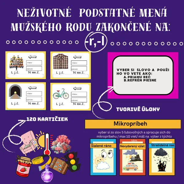 Neživotné podstatné mená mužského rodu zakončené na -r,-l/ pravopis, mužský rod, vzor, kartička