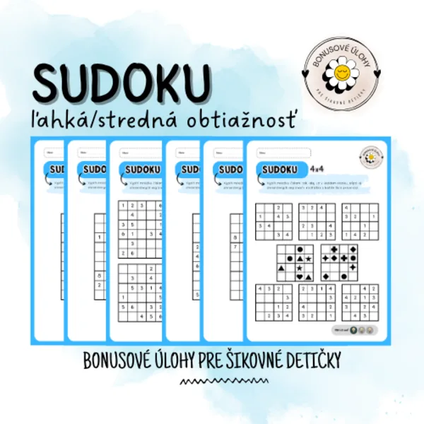 Sudoku ľahká/stredná obtiažnosť - Bonusové úlohy pre šikovné detičky