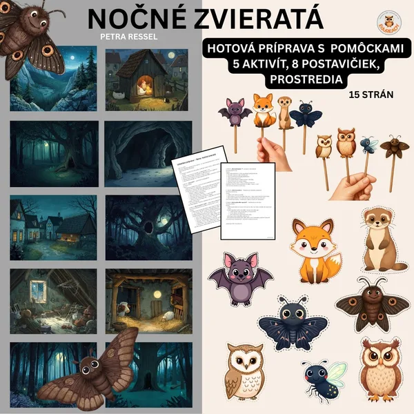 NOČNÉ ZVIERATKÁ - príprava s materiálmi na tlač (zvieratá aj prostredia)