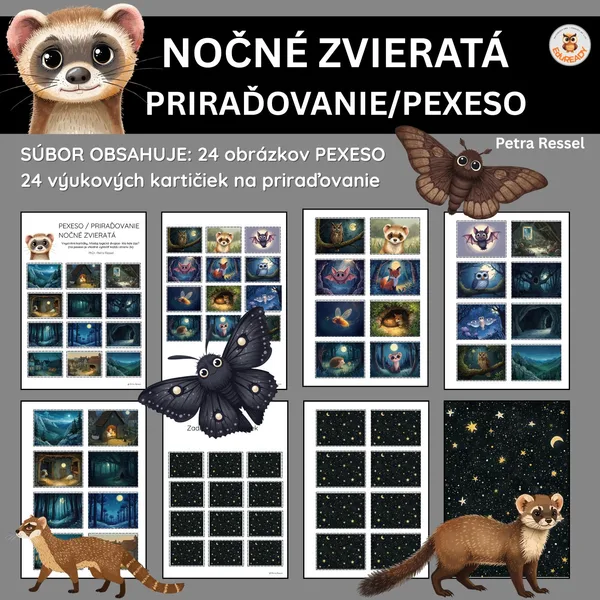 Nočné zvieratá - výukové karty na priraďovanie a pexeso 