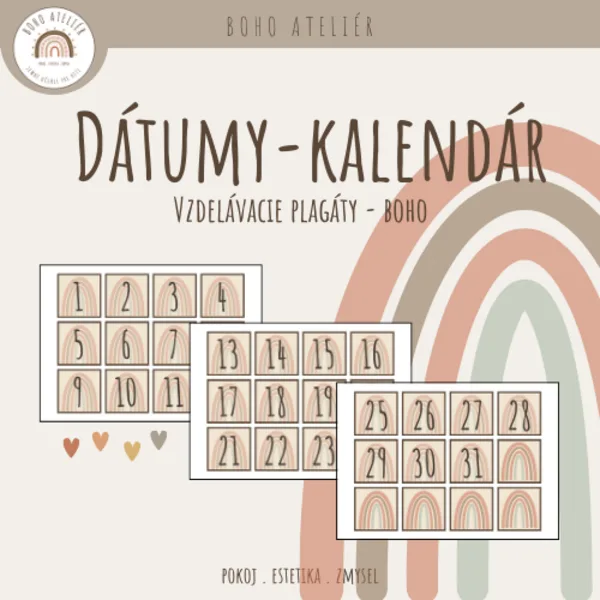 Boho kalendar- číselné dátumy -motív dúha