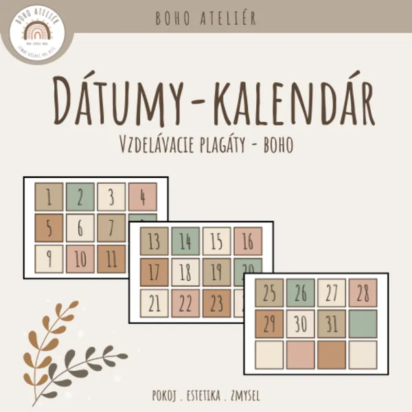Boho kalendár - číselné dátumy- viacfarebný motív