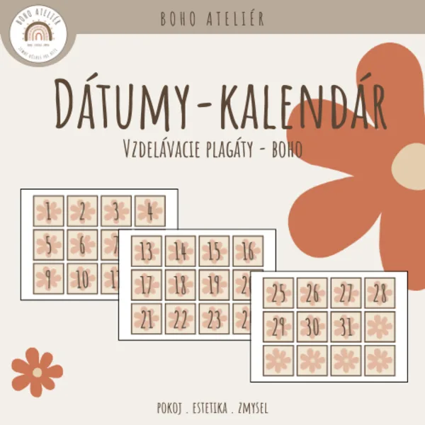 Boho kalendár - číselné dátumy (motív kvietok)