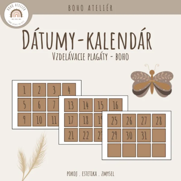 Boho kalendár - číselné dátumy- súčasť kalendára (tmavohnedý motív)
