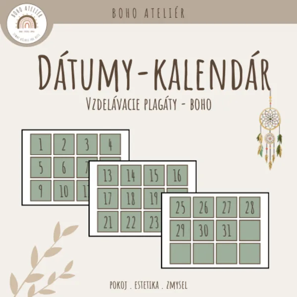 Boho kalendár - číselné dátumy (olivová farba)