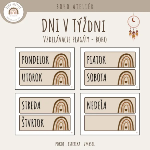Boho kalendár - dni v týždni -motív dúha (súčasť kalendára) 