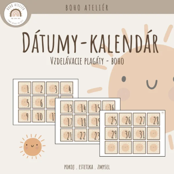 Boho kalendár - číselné dátumy (motív slniečko)