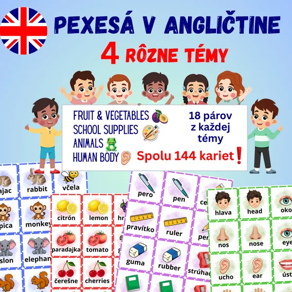 Pexeso v angličtine - Fruit and vegetables/Animals/School supplies/Human body