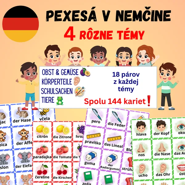 Pexeso v nemčine - Obst und Gemüse/Tiere/Schulsachen/Körperteile