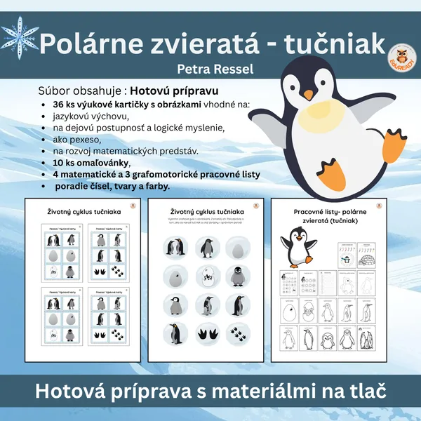 Hotová príprava s materiálmi na tlač - polárne zvieratá - tučniak