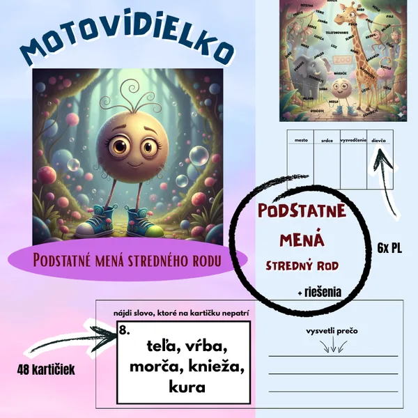 Motovidielko - podstatné mená stredného rodu / podstatné mená stredného rodu, vzory/ čítanie s porozumením, tvorivé úlohy, nájdi votrelca, riešenia, logické myslenie