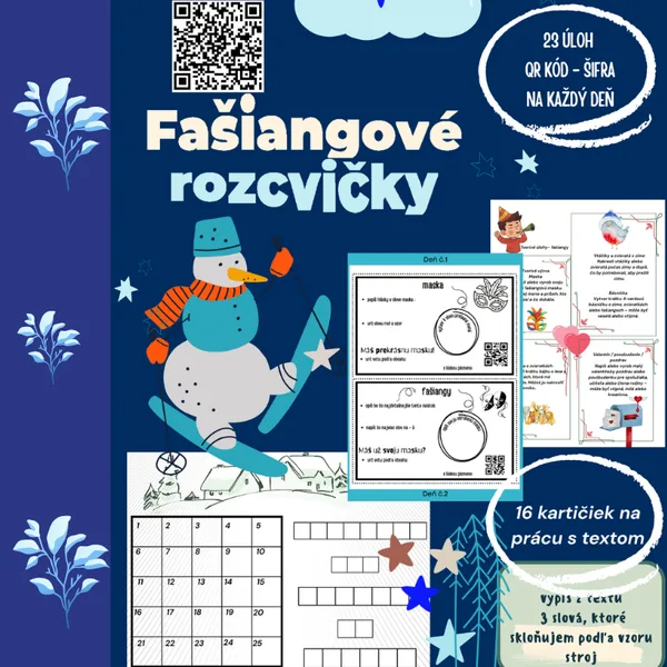 Fašiangové rozcvičky, slovenský jazyk, qr kódy/ fašiangy, šifra, zima, čítanie s porozumením, práca s textom