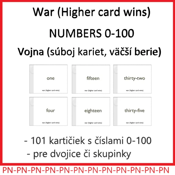 Vojna (súboj kariet, väčší berie) - čísla anglicky War (Higher card wins) - NUMBERS 0-100