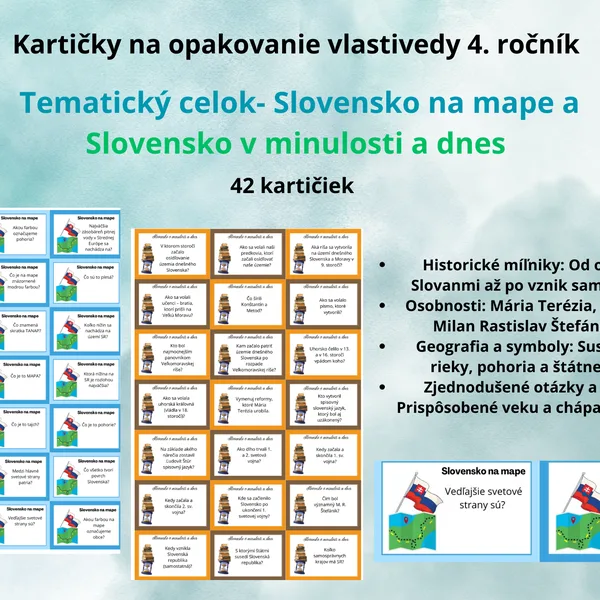  Kartičky Vlastiveda- opakovanie (Slovensko na mape, Slovensko v minulosti a dnes) 