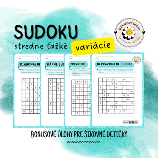 Sudoku variácie stredná obtiažnosť - Bonusové úlohy pre šikovné detičky