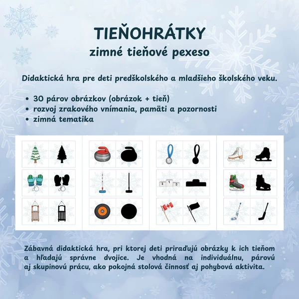 Tieňohrátky - zimné tieňové pexeso pre deti (30 párov obrázkov)