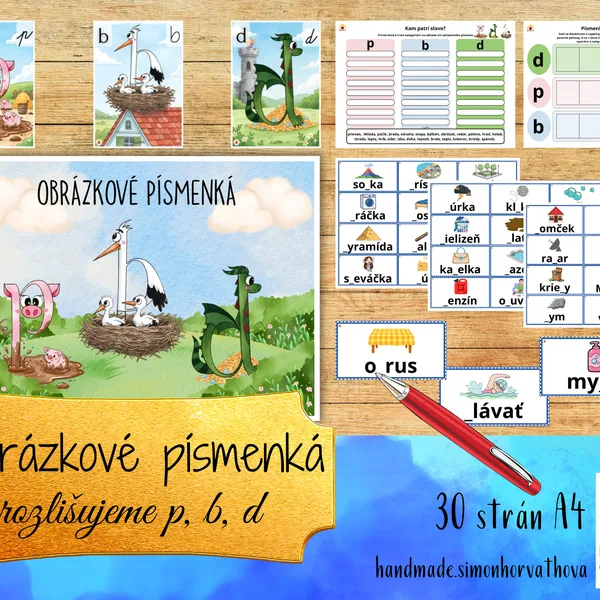 Rozlišujeme písmená p, b, d. Pomôcka pri učení, Obrázkové písmená, abeceda, plagáty