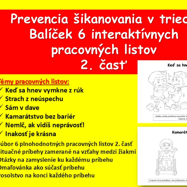 Prevencia šikanovania v škole - balíček 6 interaktívnych pracovných listov 2. časť. 