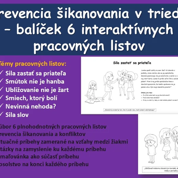 Prevencia šikanovania v škole - balíček 6 interaktívnych pracovných listov 