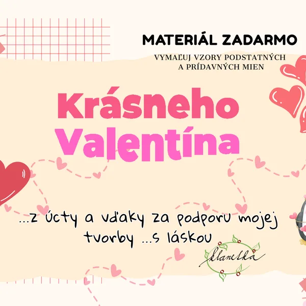 Valentín vo vzoroch/ podstatné mená, prídavné mená, puzzle, vzory 