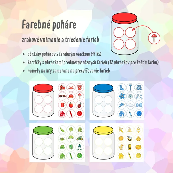 Farebné poháre – zrakové vnímanie a triedenie farieb (MŠ a 1. stupeň ZŠ)