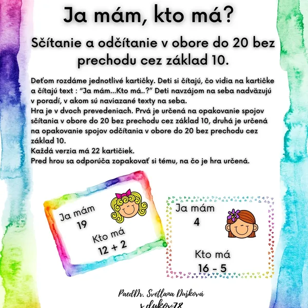Ja mám, kto má? Sčítanie a odčítanie do 20 bez prechodu cez základ 10