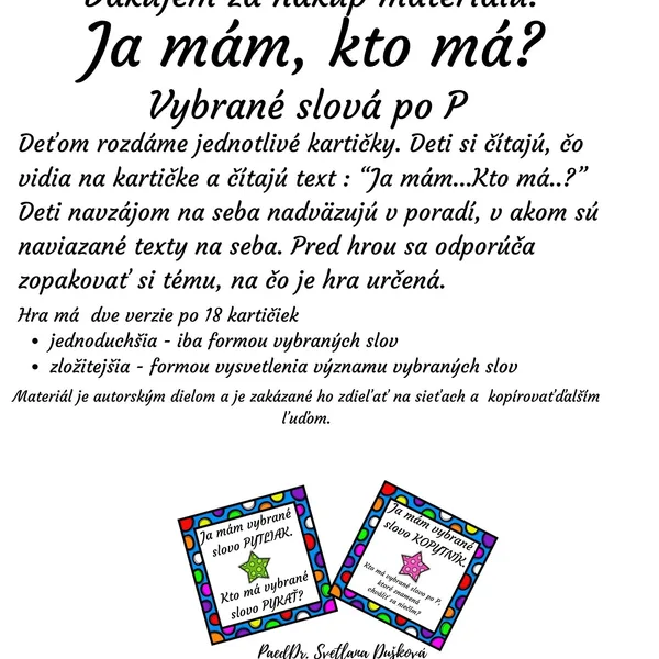 Ja mám, kto má? Vybrané slová po P