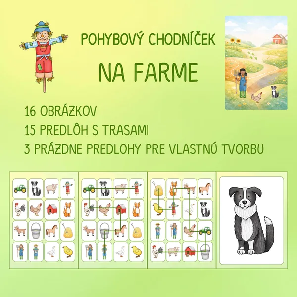 NA FARME - pohybový chodníček (16 obrázkov, 15 predlôh, 3 prázdne predlohy pre vlastnú tvorbu)