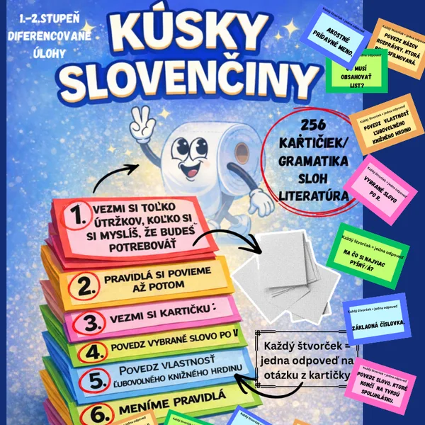 Kúsky slovenčiny/ hravá aktivita na opakovanie slovenského jazyka, literatúry, slohu, ranné kruhy, rozcvička, aktivizujúce metódy