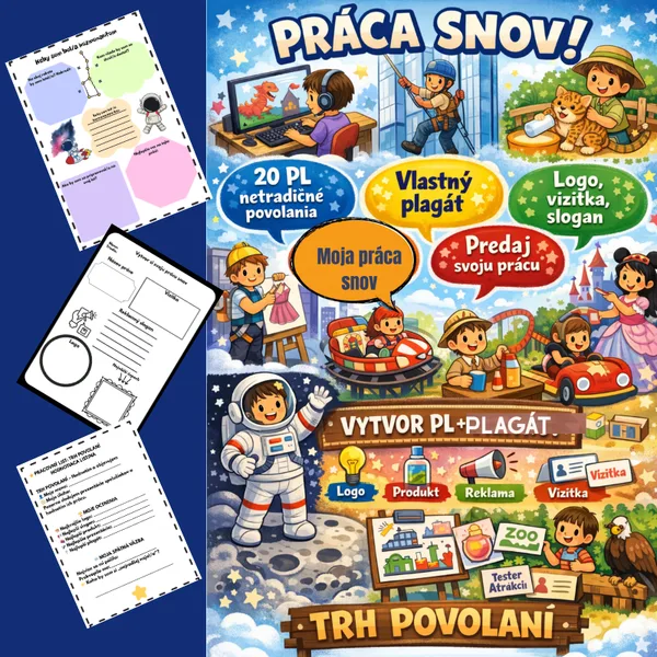 Práca snov- trh práce/ netradičné povolania, vytvor si prácu snov, vizitka, reklama, slogan, hodnotenie, burza práce