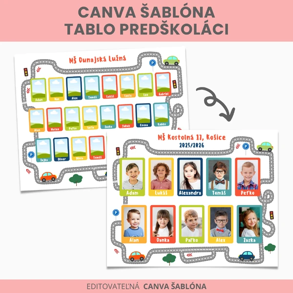 Tablo autíčka predškoláci - Canva šablóna