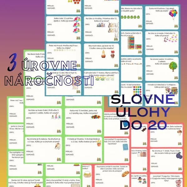 Diferencované slovné úlohy do 20 (kartičky – 3 úrovne náročnosti) 