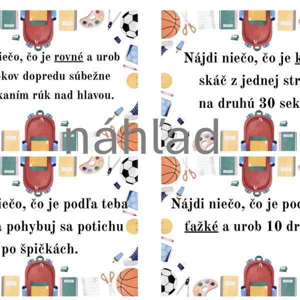 Pohybové kartičky - Nájdi v triede niečo….
