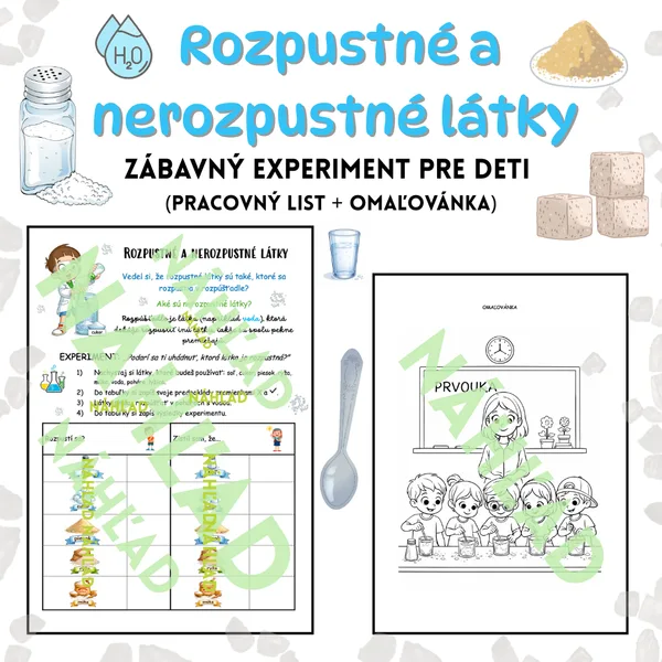 Rozpustné a nerozpustné látky – zábavný experiment pre deti (pracovný list + omaľovánka)