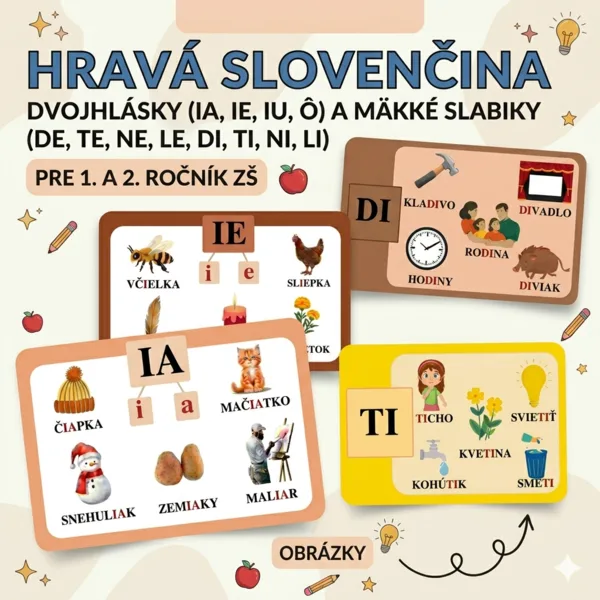 Dvojhlásky a mäkké slabiky: Obrázkové karty so slovami