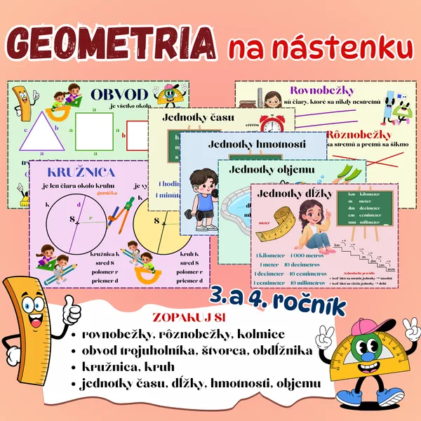 Geometria 3. a 4. ročník na nástenku - rovnobežky, obvody, kružnica, kruh, jednotky dĺžky