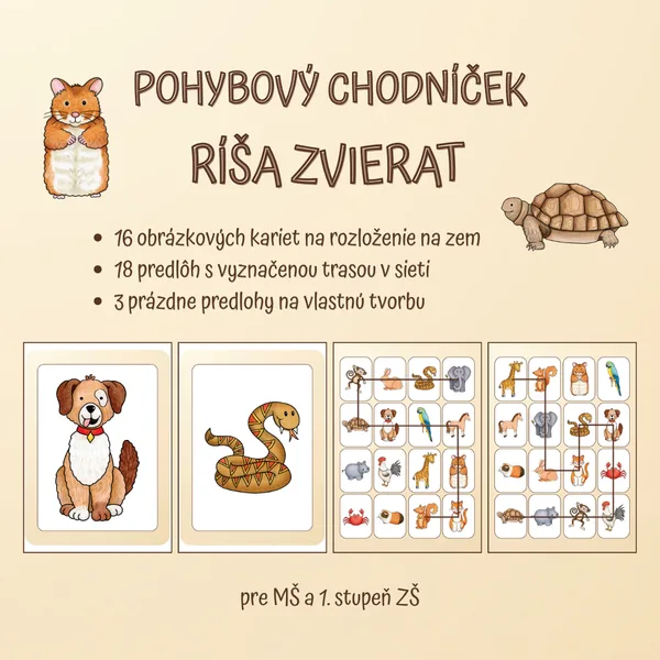 ZVIERATA - pohybový chodníček (16 obrázkov, 18 predlôh, 3 prázdne predlohy pre vlastnú tvorbu)